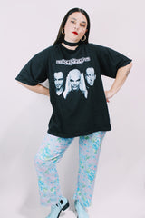 Women's or men's vintage 1999 O.B., Assembled in Mexico label short sleeve black Scorpions tour t-shirt with a colored graphic on front and back.