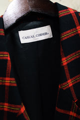 Women's vintage 1980's Casual Corner, Made in USA label black, red, and yellow tartan plaid double breasted blazer.