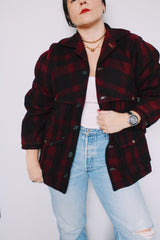 Men's or women's vintage 1960's Black Bear Brand, Union Made label long sleeve button up shacket in a size large. Plum and black all over plaid print in wool material.