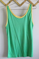 Women's or men's vintage 1970's Ramsgate label sleeveless tank top top in green with yellow trim. Scoop neck in front and back. Cotton and polyester material.