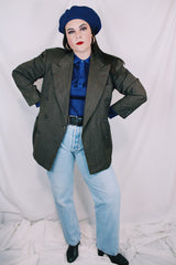 Men's or women's vintage 1980's Fintex Clothes label long sleeve brown colored double breasted blazer with button front closure and pin stripes