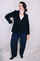 Women's vintage 1980's Curly Top, Made in Korea label long sleeve dark navy blue velvet blazer with button front closure and two pockets.