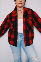 Men's or women's vintage 1970's JCPenney Hunting Apparel label size medium wool material long sleeve zip up red and black buffalo plaid shacket.