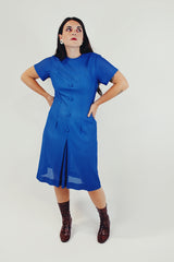 vintage 1960's short sleeve midi dress bright blue lace like material front