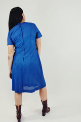 vintage 1960's short sleeve midi dress bright blue lace like material back
