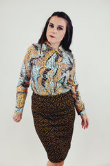 vintage long sleeve button up blouse with brown blue and orange print front