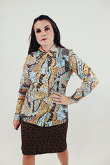 vintage long sleeve button up blouse with brown blue and orange print front