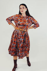 Vintage brown and orange floral printed midi dress 3/4 sleeves small collar front