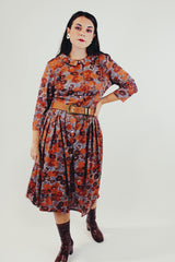 Vintage brown and orange floral printed midi dress 3/4 sleeves small collar front