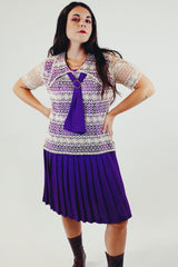 vintage 1960's pleated drop waist dress with embroidered top half and front tie purple