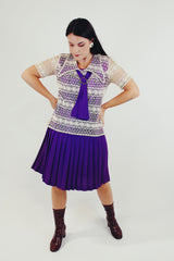 vintage 1960's pleated drop waist dress with embroidered top half and front tie purple