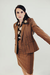 brown wool pin striped double breasted blazer and high waist midi skirt matching set side