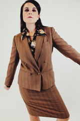 brown wool pin striped double breasted blazer and high waist midi skirt matching set front