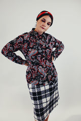 vintage long sleeve black paisley print button up blouse front