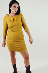 vintage mustard yellow wool mini dress with satin bow and buttons 3/4 length sleeve front