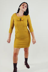 vintage mustard yellow wool mini dress with satin bow and buttons 3/4 length sleeve front
