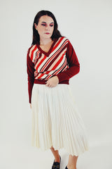 vintage maroon long sleeve pullover sweater with v-neck and stripes front