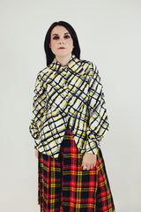 vintage long sleeve button up blouse with pointy collar white with yellow grey and black striped pattern front