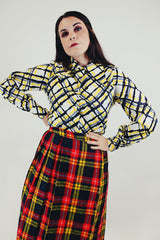 vintage long sleeve button up blouse with pointy collar white with yellow grey and black striped pattern front