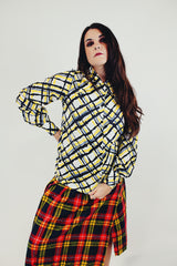 vintage long sleeve button up blouse with pointy collar white with yellow grey and black striped pattern front