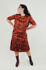 Vintage red and yellow floral printed drop waist dress front