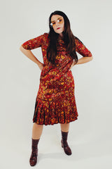 Vintage red and yellow floral printed drop waist dress front