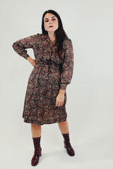 vintage long sleeve paisley printed tie waist midi dress front