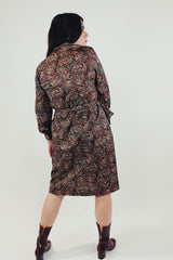 vintage long sleeve paisley printed tie waist midi dress back