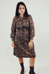vintage long sleeve paisley printed tie waist midi dress front