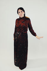 vintage brown printed set includes long sleeve cropped top with mock neck and pleated maxi skirt front