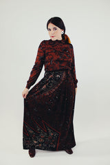 vintage brown printed set includes long sleeve cropped top with mock neck and pleated maxi skirt front