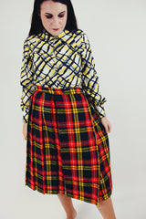 vintage high waist wool wrap skirt with green yellow and red plaid print and pin front