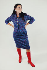 Vintage blue and red chevron printed jacket and skirt set front