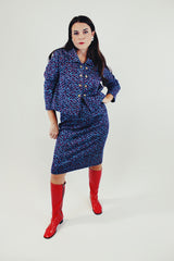 Vintage blue and red chevron printed jacket and skirt set front