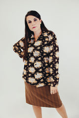 vintage long sleeve brown button up blouse with white and orange floral print front