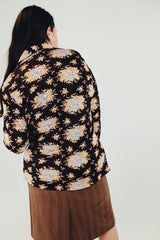 vintage long sleeve brown button up blouse with white and orange floral print front