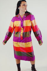 vintage long sleeve silk striped shift dress with collar and half button closure in bright purple red and yellow striped pattern front