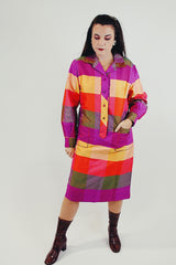 vintage long sleeve silk striped shift dress with collar and half button closure in bright purple red and yellow striped pattern front
