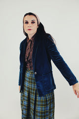 Vintage Blue Velvet Blazer with one button closure side