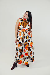 vintage sleeveless floral printed maxi dress with mock neck and neck tie orange white brown front