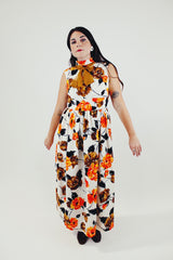 vintage sleeveless floral printed maxi dress with mock neck and neck tie orange white brown front