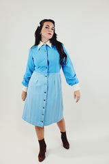 Vintage blue long sleeve button up midi dress front