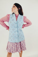 Vintage baby blue button up vest with suede paneling front