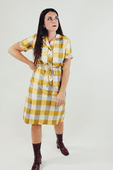 vintage 1950's silk shirt dress short sleeves knee length yellow, grey, and cream checkered print front