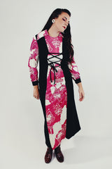 Long sleeve vintage maxi dress pink and white print with black tie front and collar front