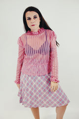 long sleeve vintage sheer pink blouse with ruffled collar and cuffs front