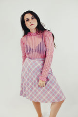 long sleeve vintage sheer pink blouse with ruffled collar and cuffs front