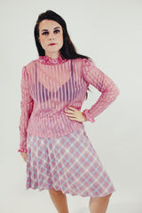 long sleeve vintage sheer pink blouse with ruffled collar and cuffs front