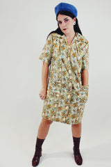 vintage short sleeve floral printed house dress knee length with poppers up the front