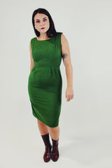 vintage sleeveless knee length green dress in linen like material bright green front